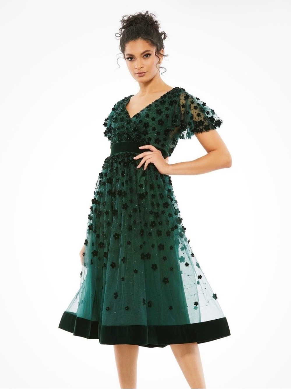 Mac Duggal Emerald Green Floral Appliqué Midi Dress